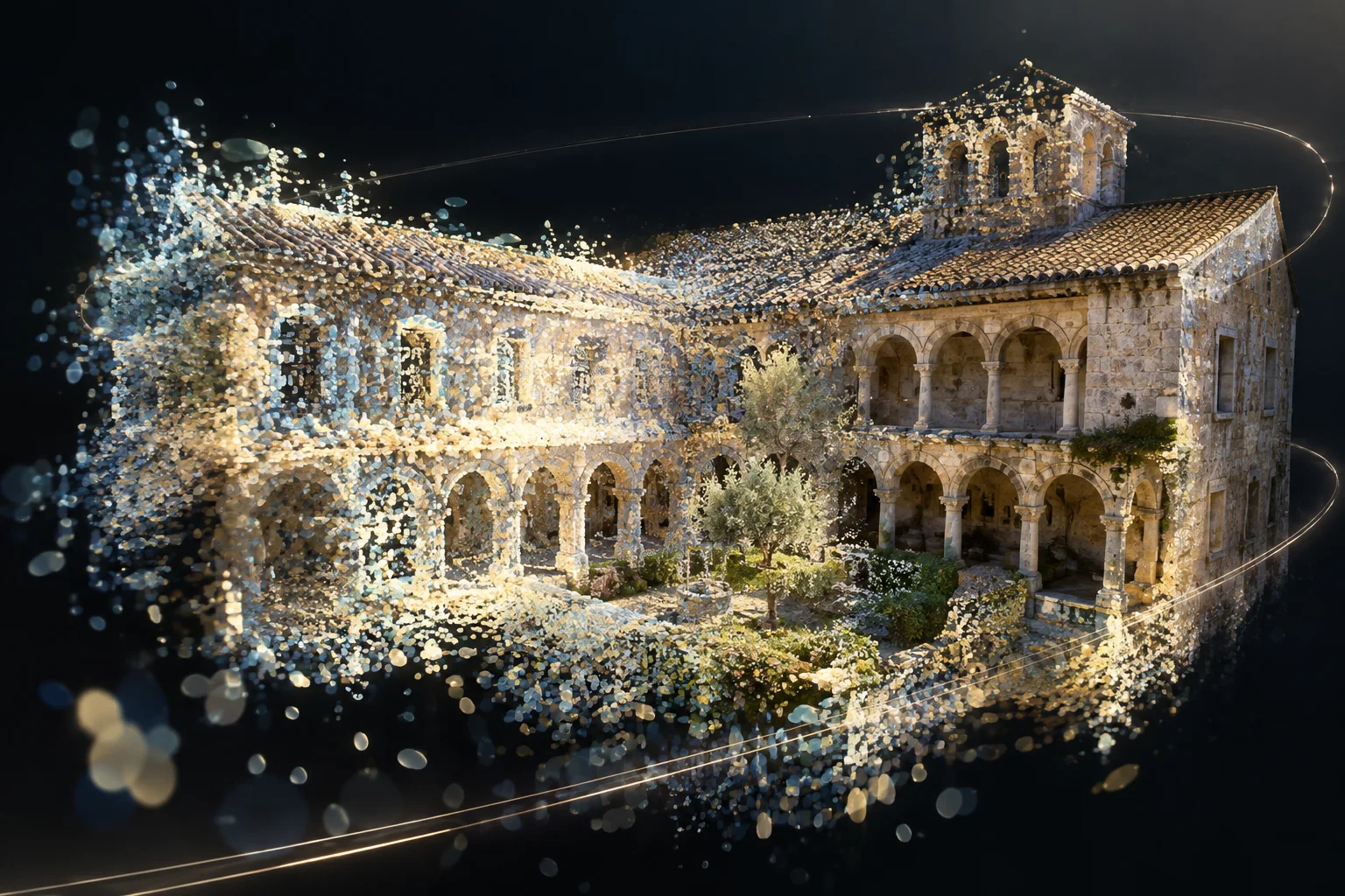 Işıklı Gaussian splat parçacıklarından oluşan tarihi taş avlulu yapının 3D yeniden kurgusu