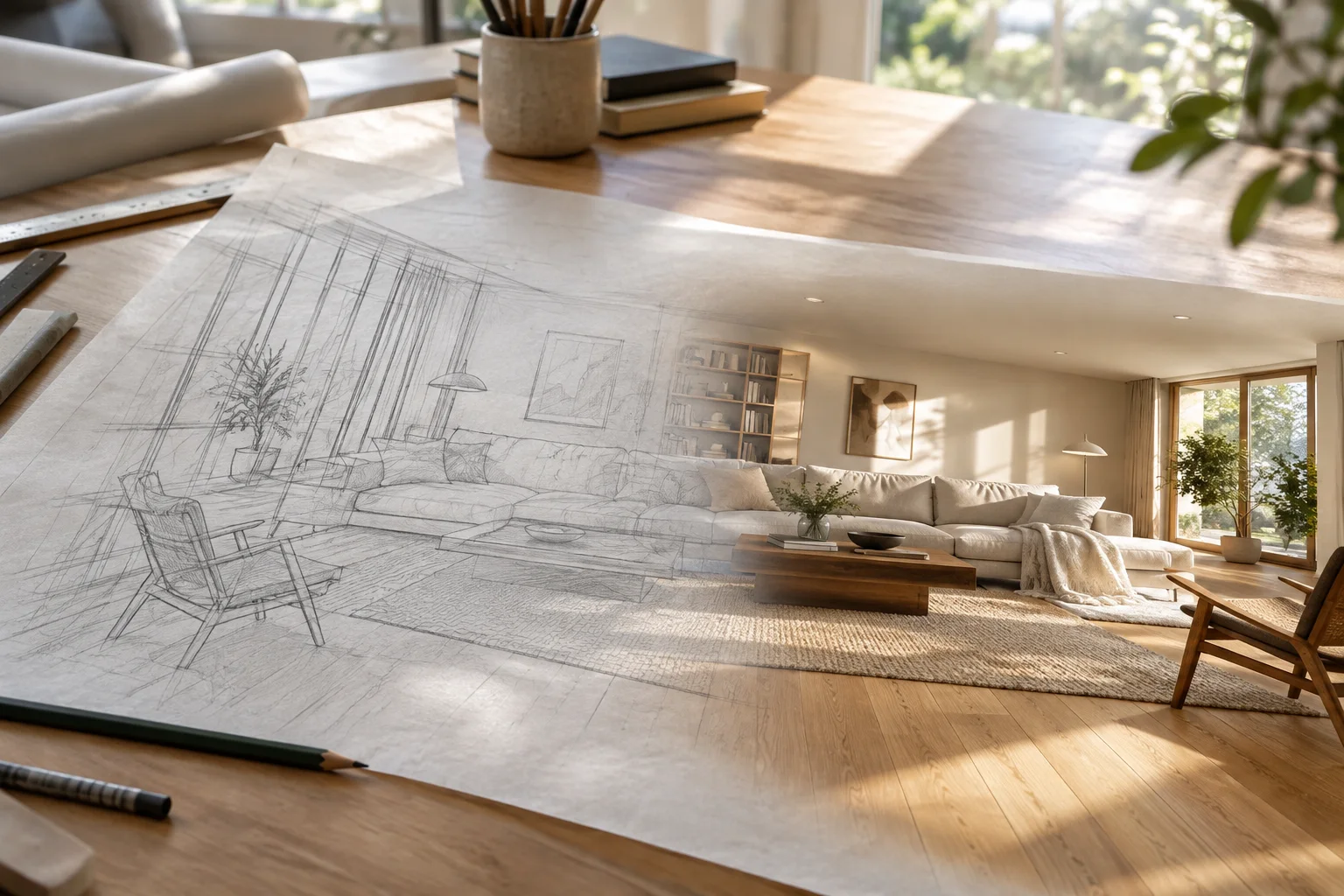 Kurşun kalem salon eskizinin fotogerçekçi iç mekân render'ına dönüştüğü masa sahnesi