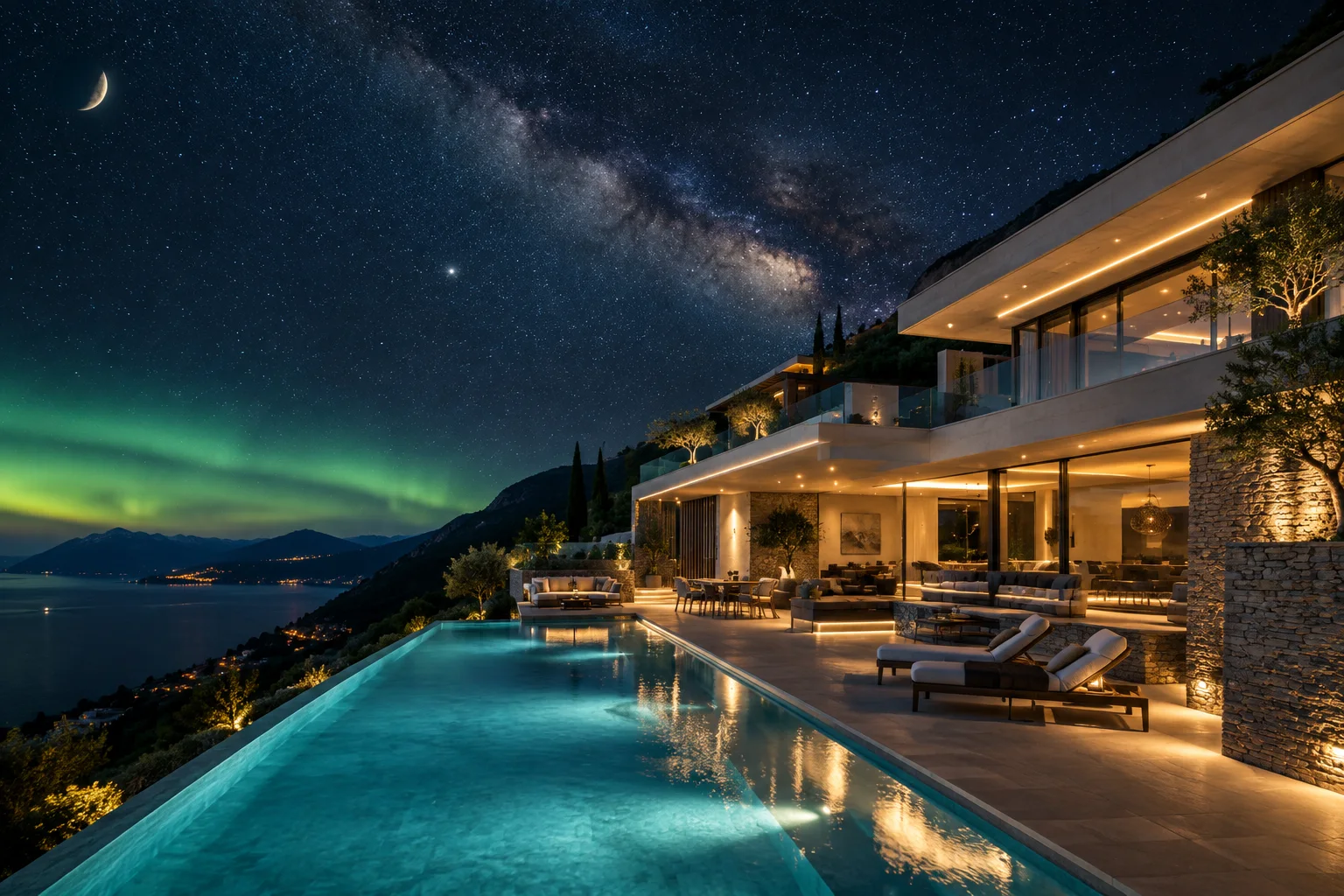 Yıldızlı gökyüzü ve hilal ay altında çok sayıda ışıkla aydınlatılmış modern villa
