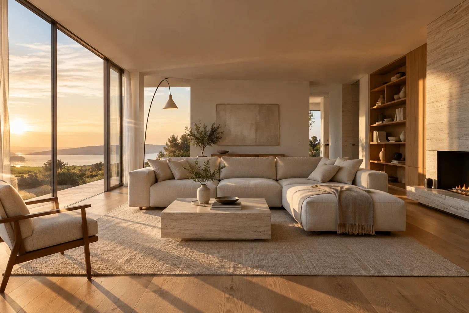 Gün batımı ışığı alan modern oturma odasının gürültüsüz fotogerçekçi iç mekân render'ı