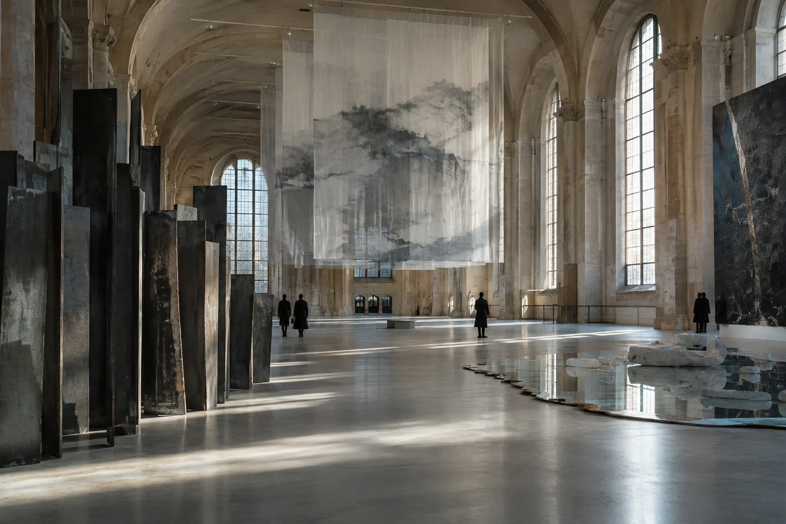 Zeitgenössische Kunstinstallationen zum Thema Frieden in einem weitläufigen Ausstellungsraum