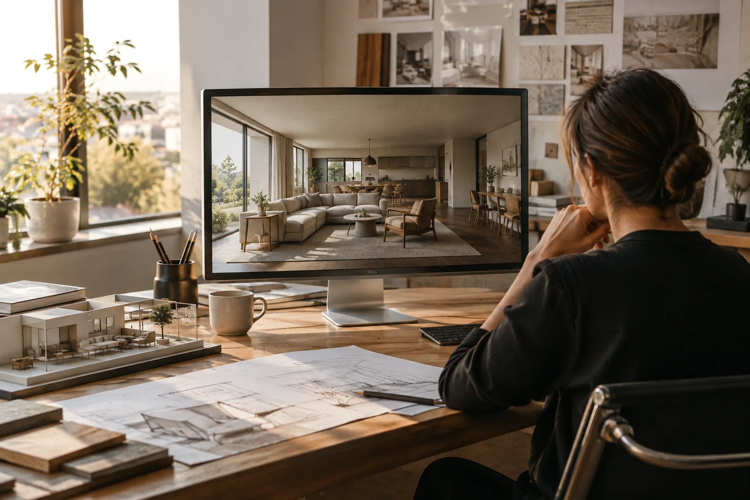 Diseñador inspeccionando un modelo de interior arquitectónico en un espacio de trabajo luminoso