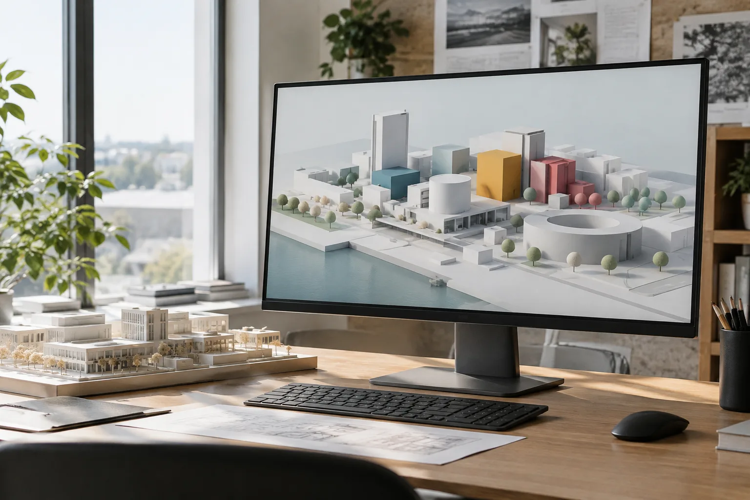 مكتب عمل للتصور المعماري يرتّب مشهدًا معماريًا ثلاثي الأبعاد