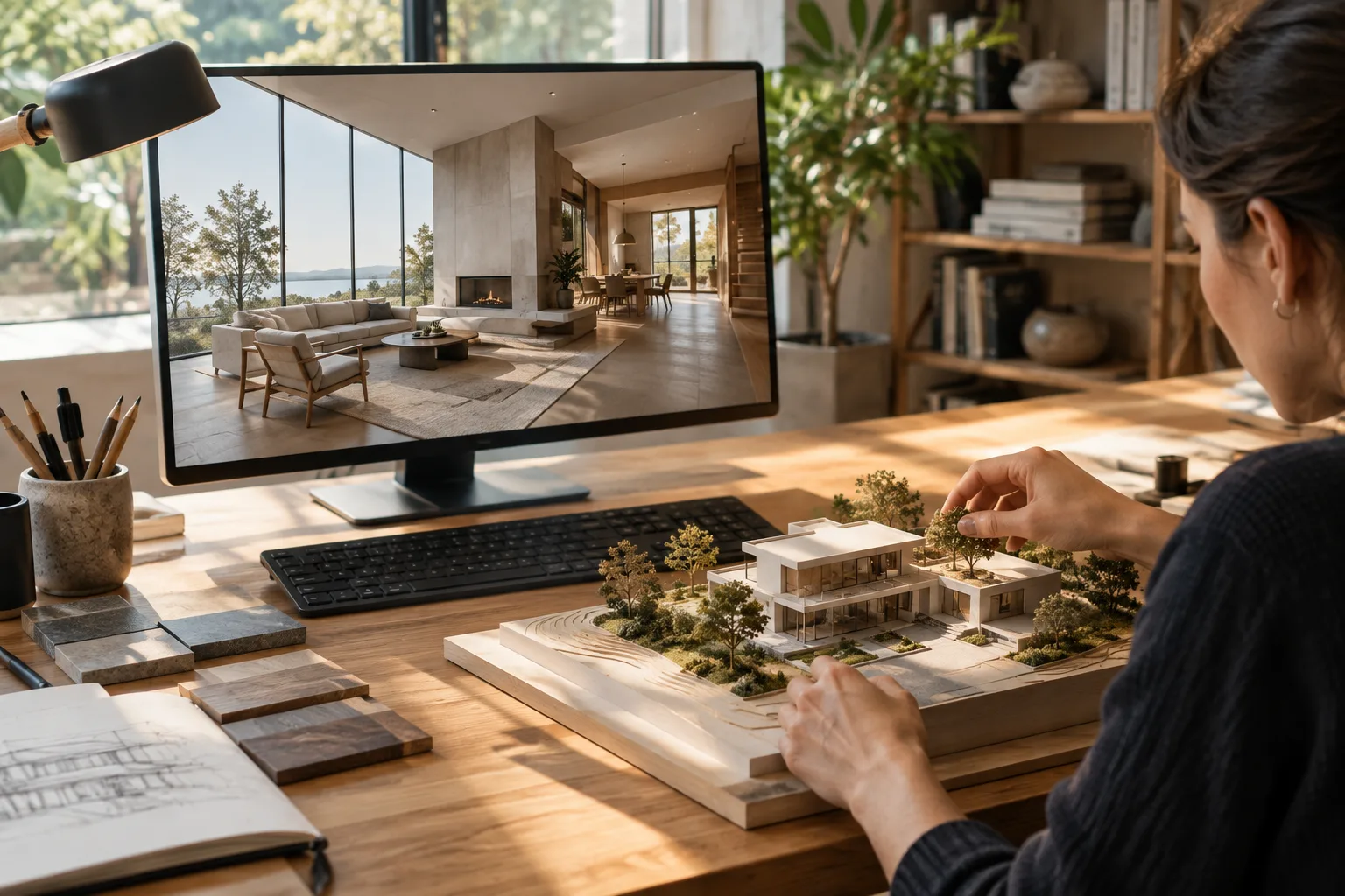 A designer working on an architectural interior model in a studio