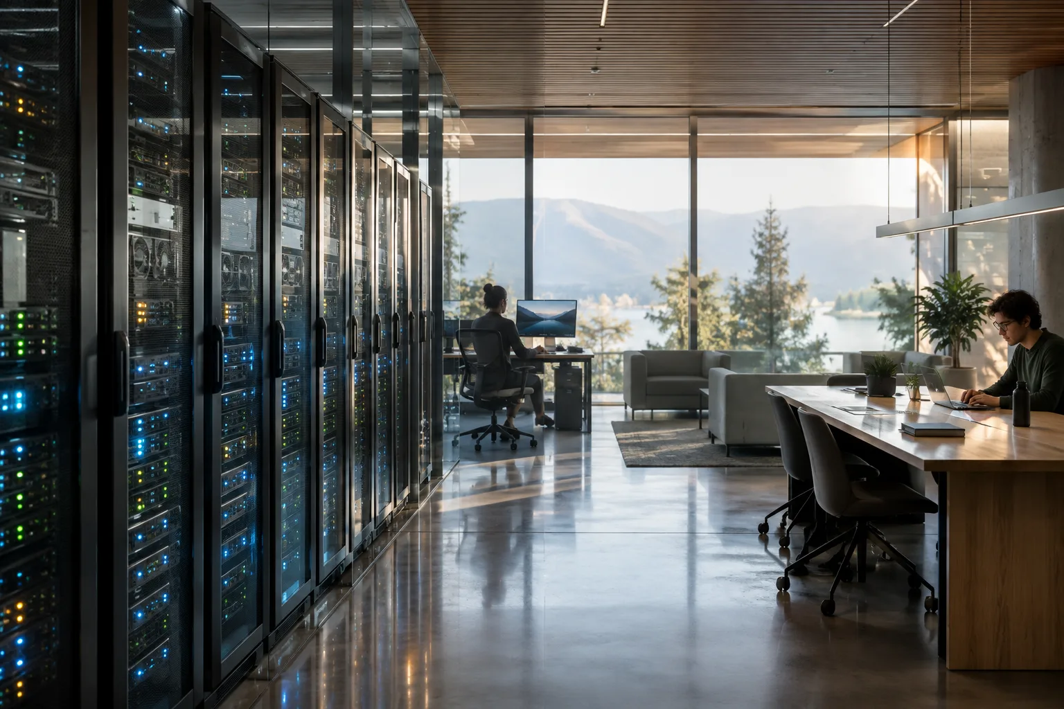 Racks de servidores y espacio de trabajo que representan recursos de GPU compartidos en un centro de investigación