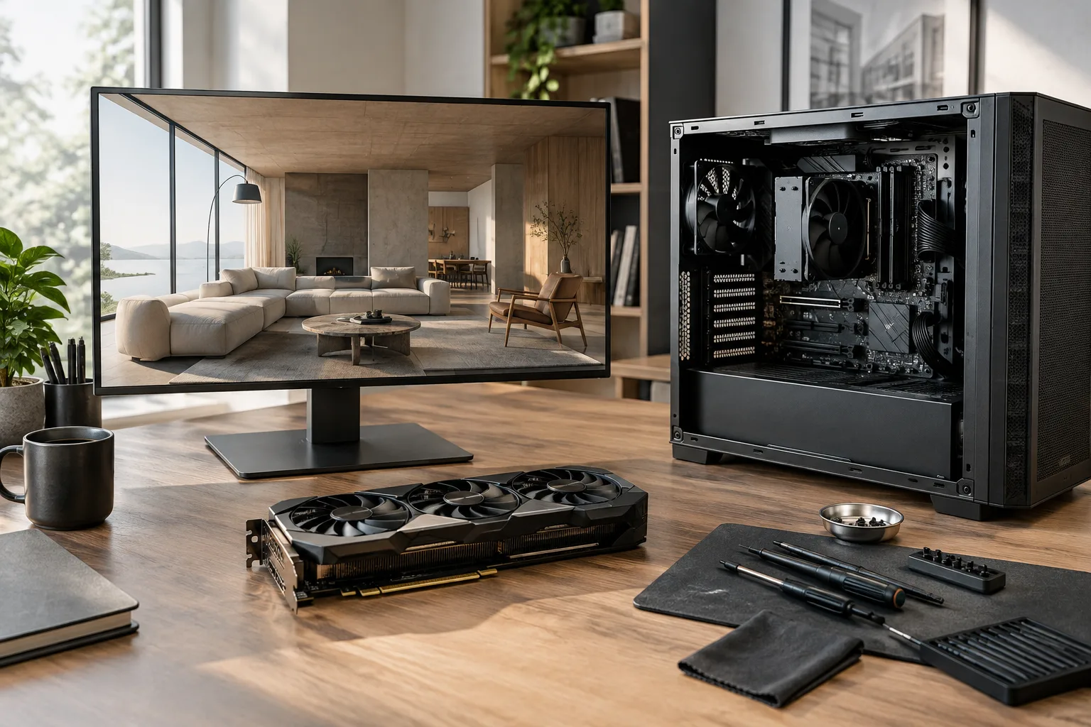 Grafikkarte in einer Workstation für Architekturvisualisierung mit einem gerenderten modernen Innenraum