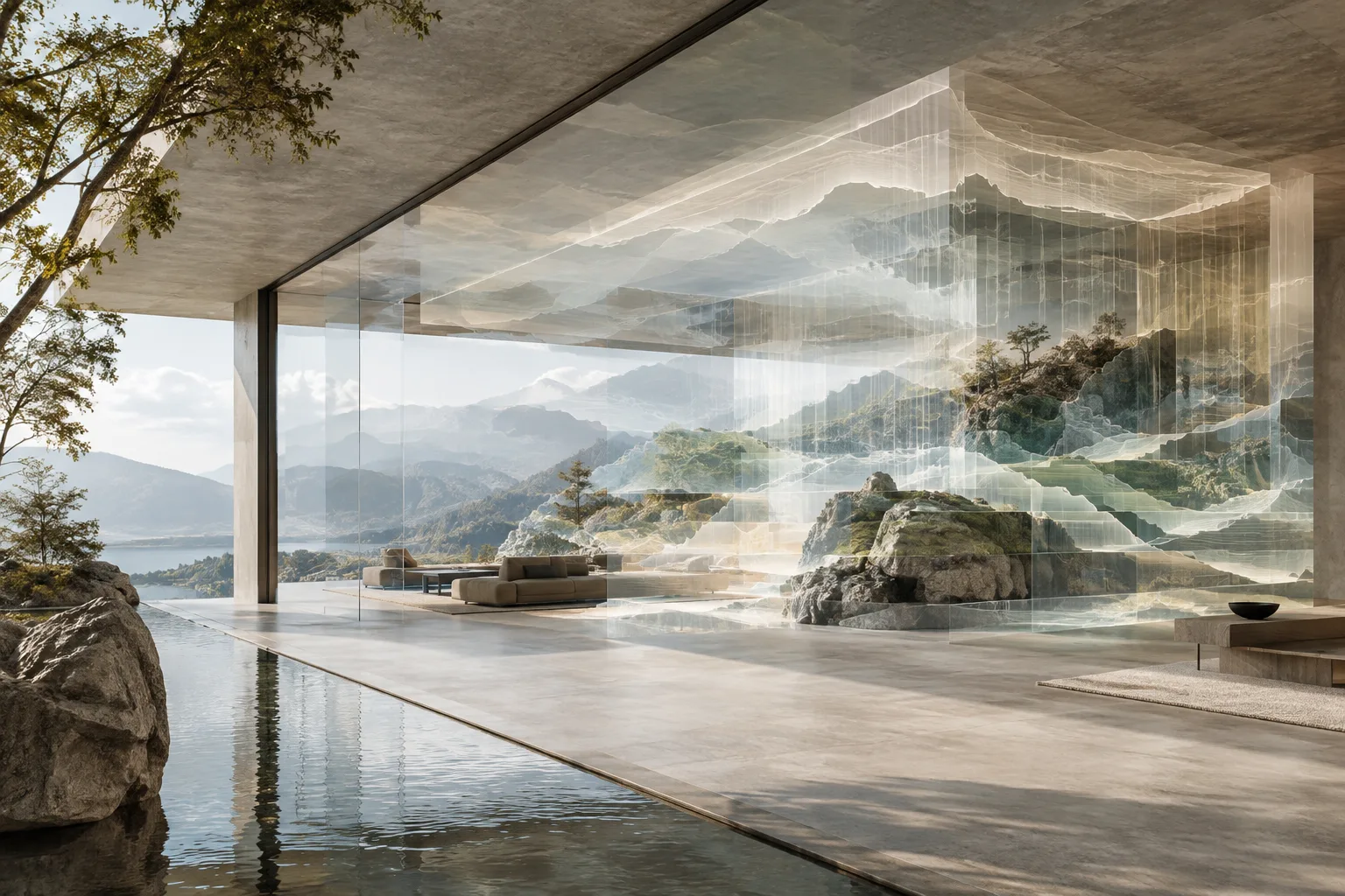 An architectural visualization combining a contemporary pavilion with a digital spatial landscape