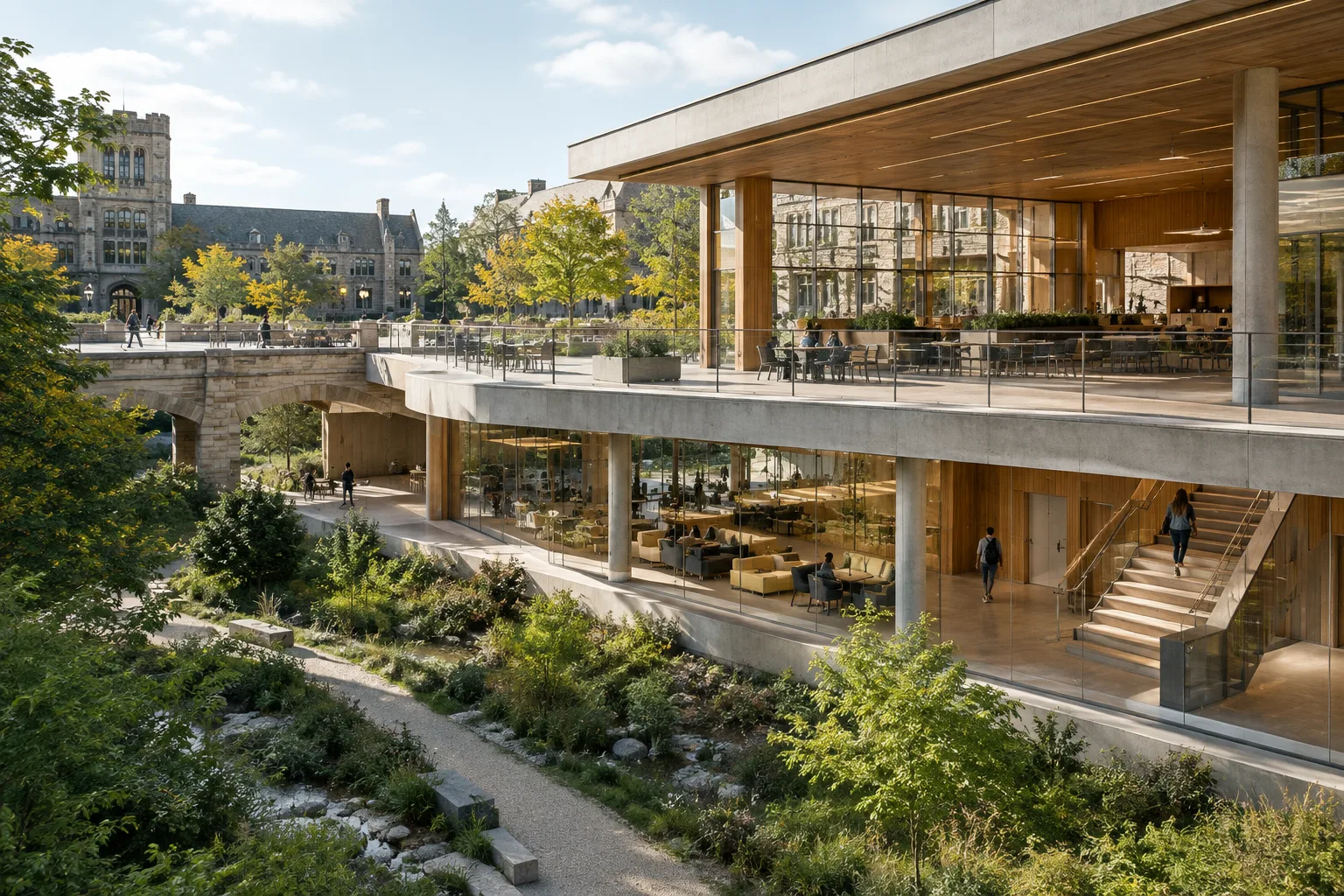 Das Student Center mit Holz- und Betonoberflächen verbindet den Campusinnenhof mit dem grünen Korridor
