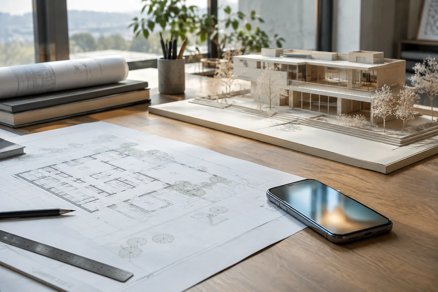 A phone, project drawings and a small architectural model in an architecture studio