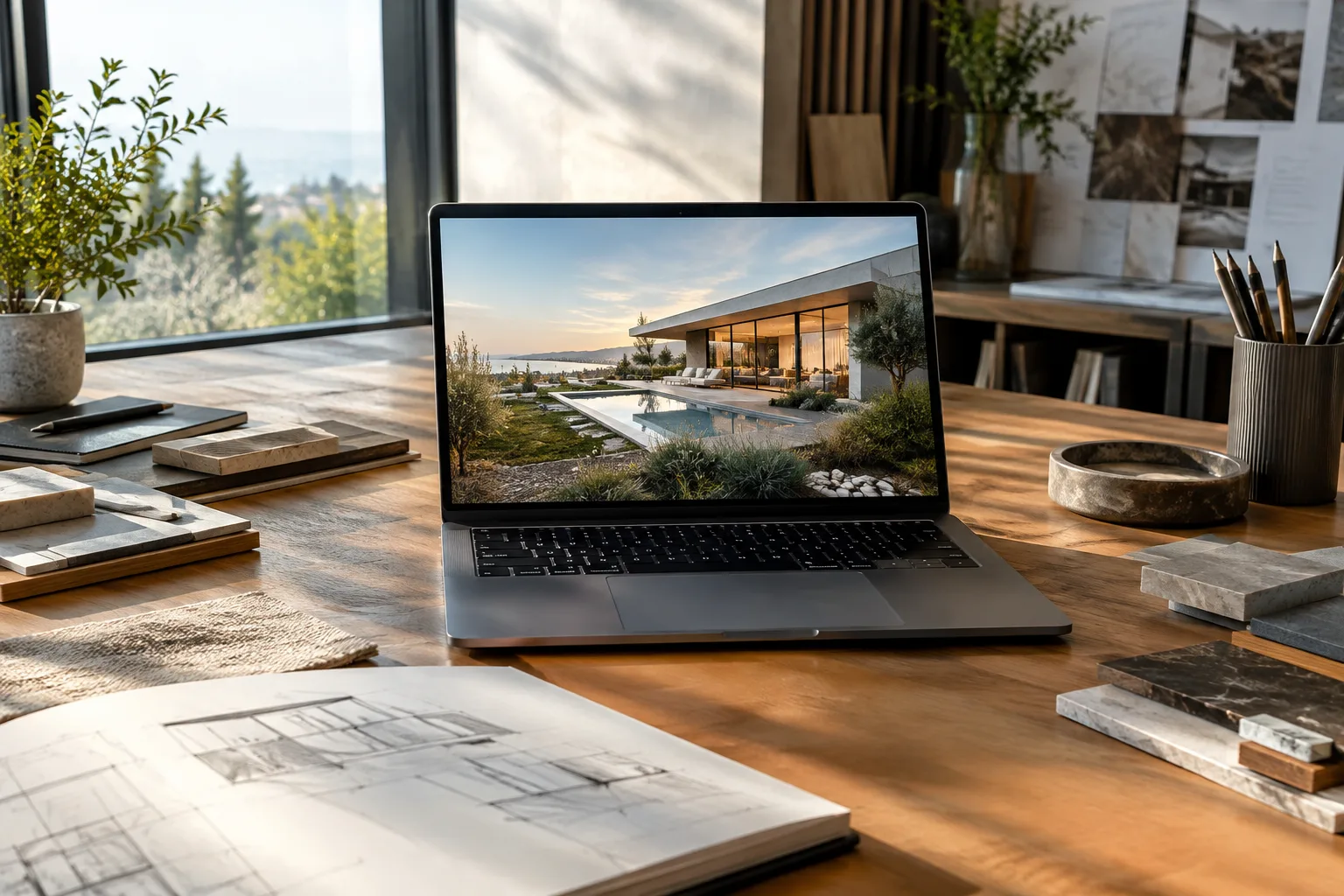 A laptop displaying an architectural visualization on a desk