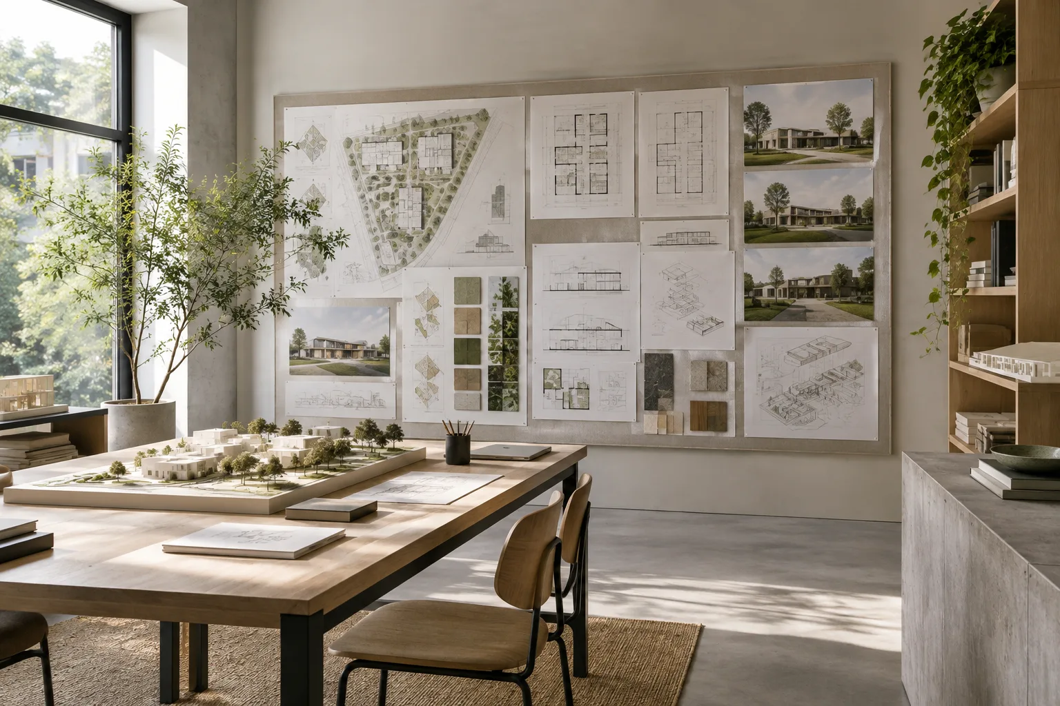 Helles Designstudio mit übersichtlich präsentierten Architekturzeichnungen