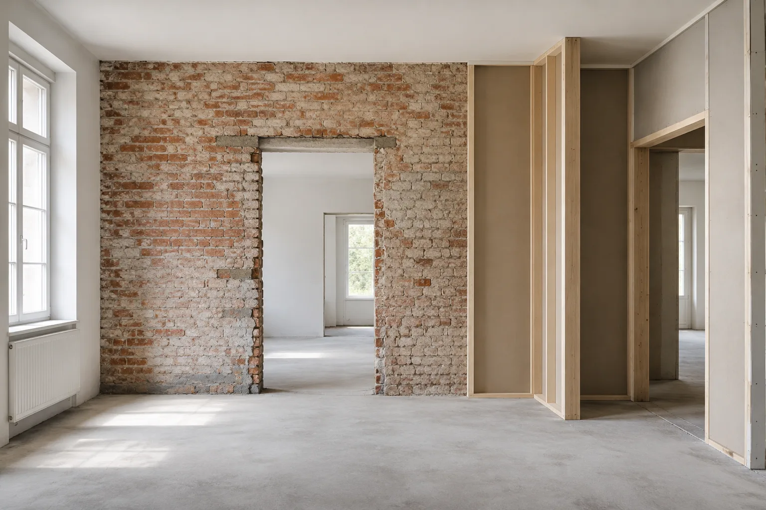 A sunlit modern interior visualization with distinct renovation phases