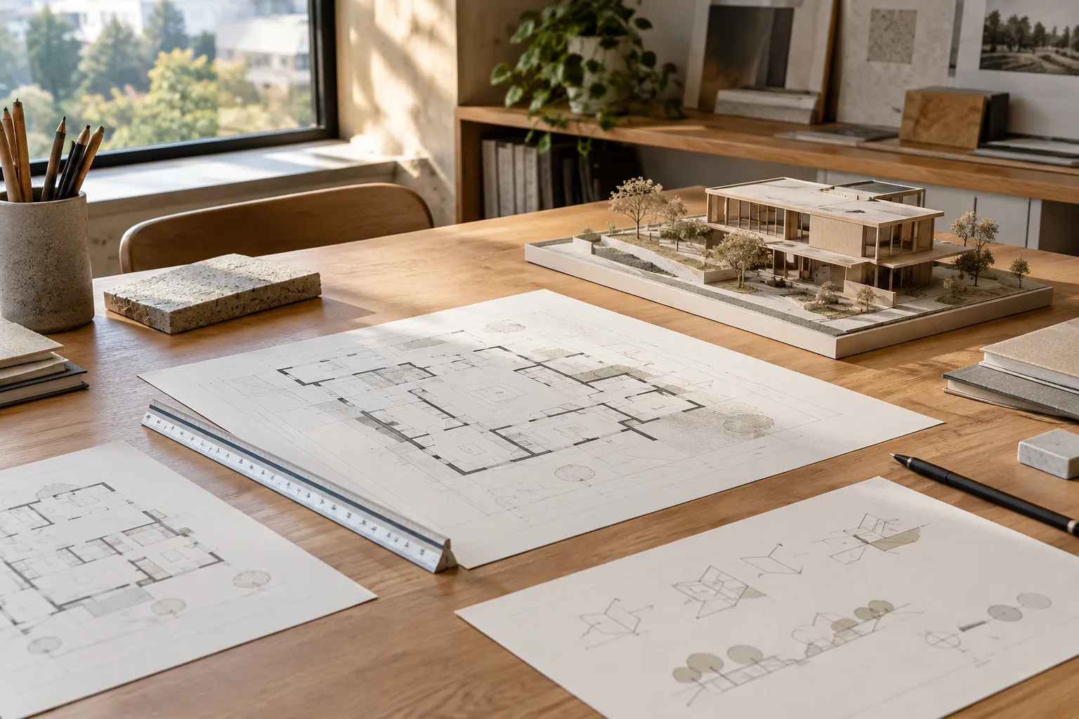 Plans d’un projet architectural et maquette sur un bureau de conception bien organisé