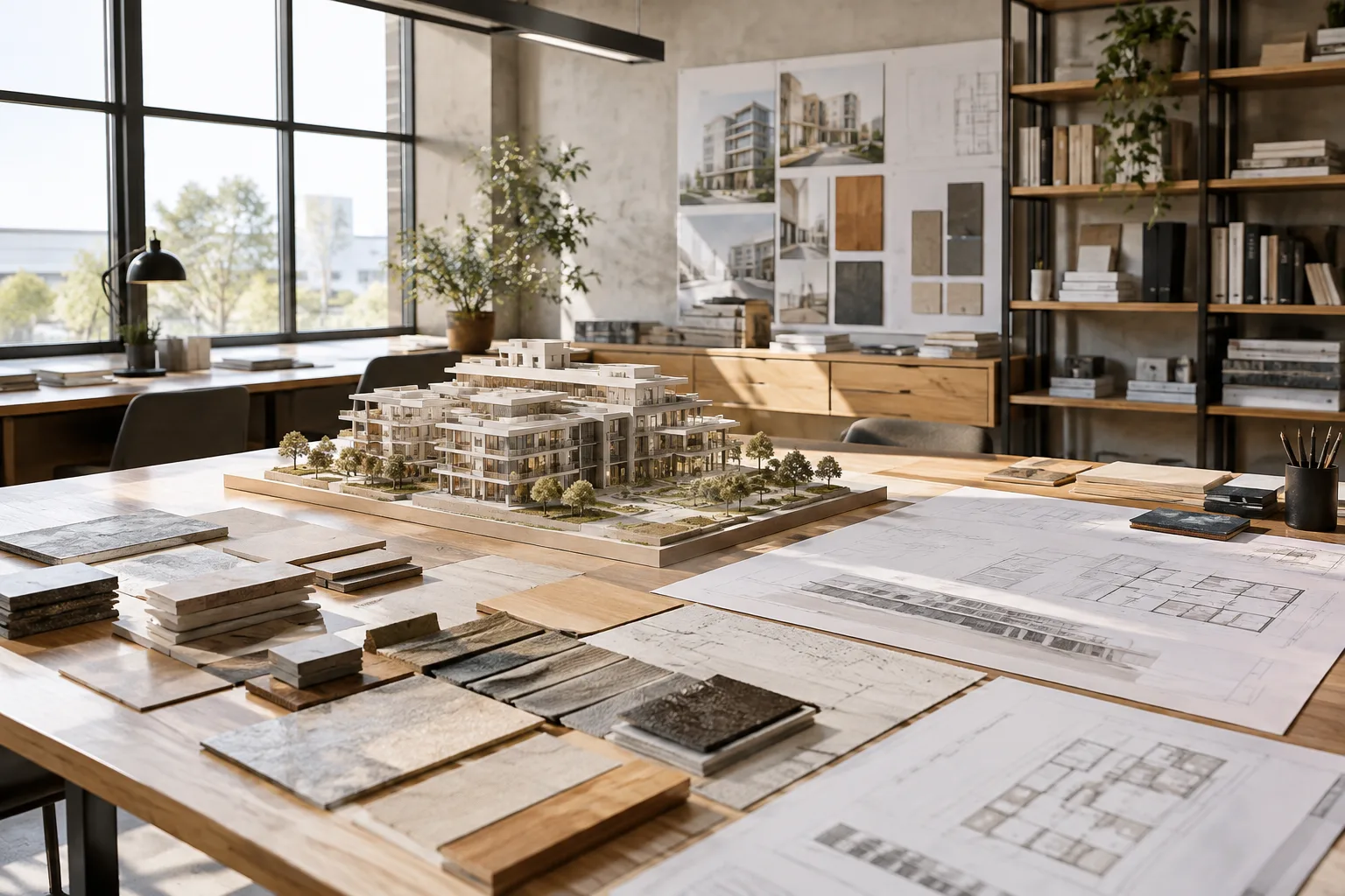 Bright architecture studio with an organized BIM model and material samples
