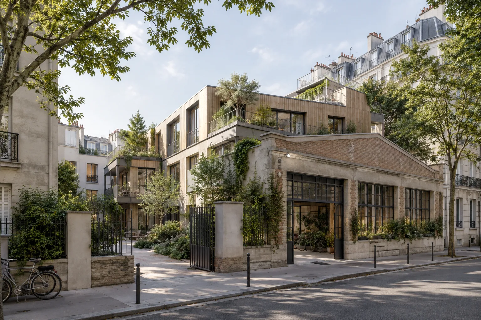 Paris’te avlulu konut dönüşümü ve ahşap kaplamalı üst katın mimari görselleştirmesi