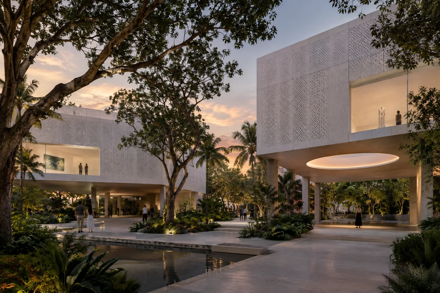 Miami Beach’te yükseltilmiş beyaz pavyonlar, gölgeli avlular ve park ağaçları