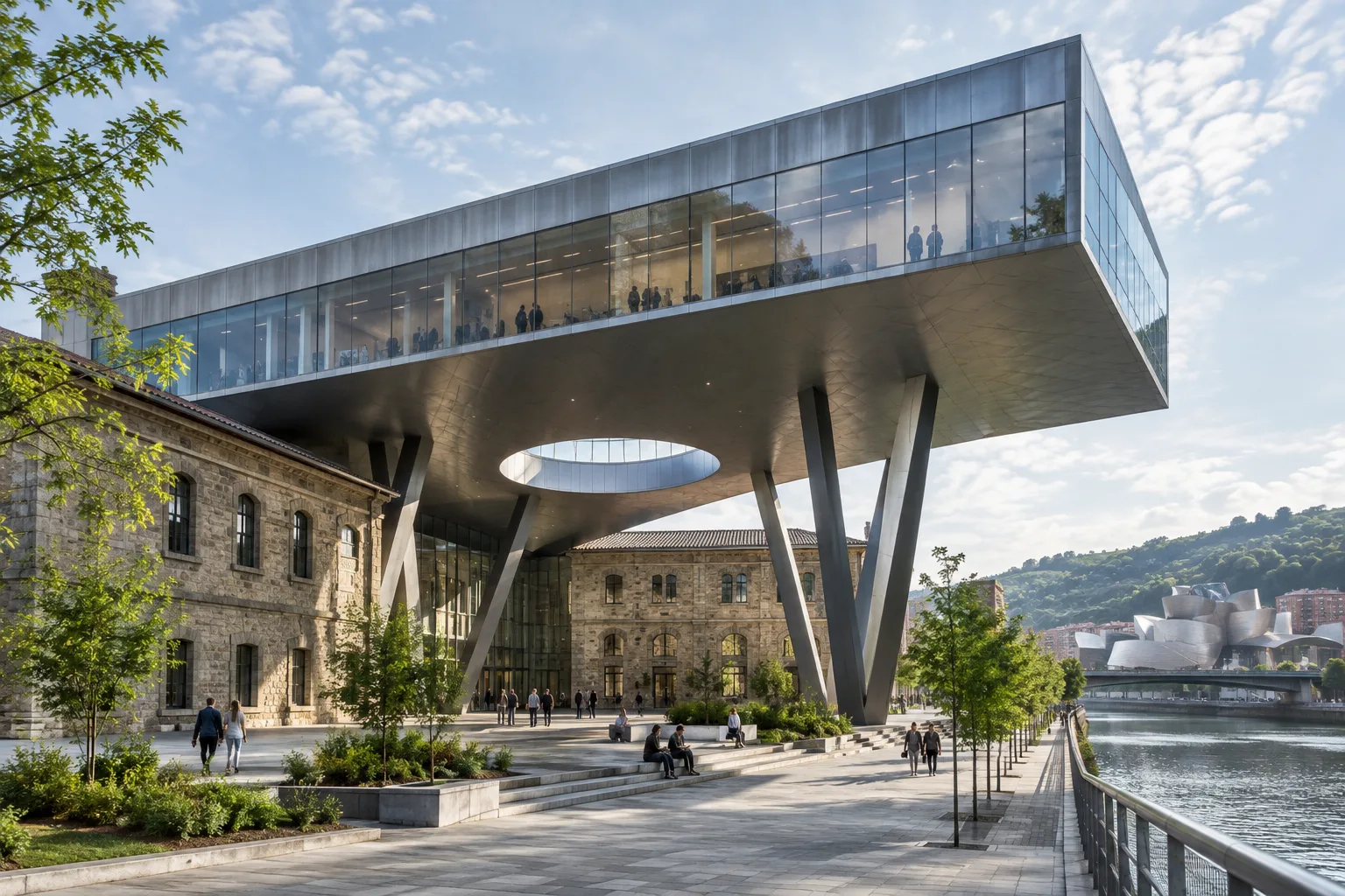 Stahlanbau und überdachtes Atrium über den historischen Museumsgebäuden in Bilbao