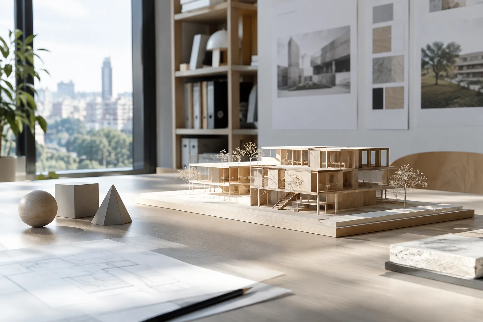 Mimari maket ve geometrik parçalar hassas 3D yerleştirmeyi çağrıştırıyor