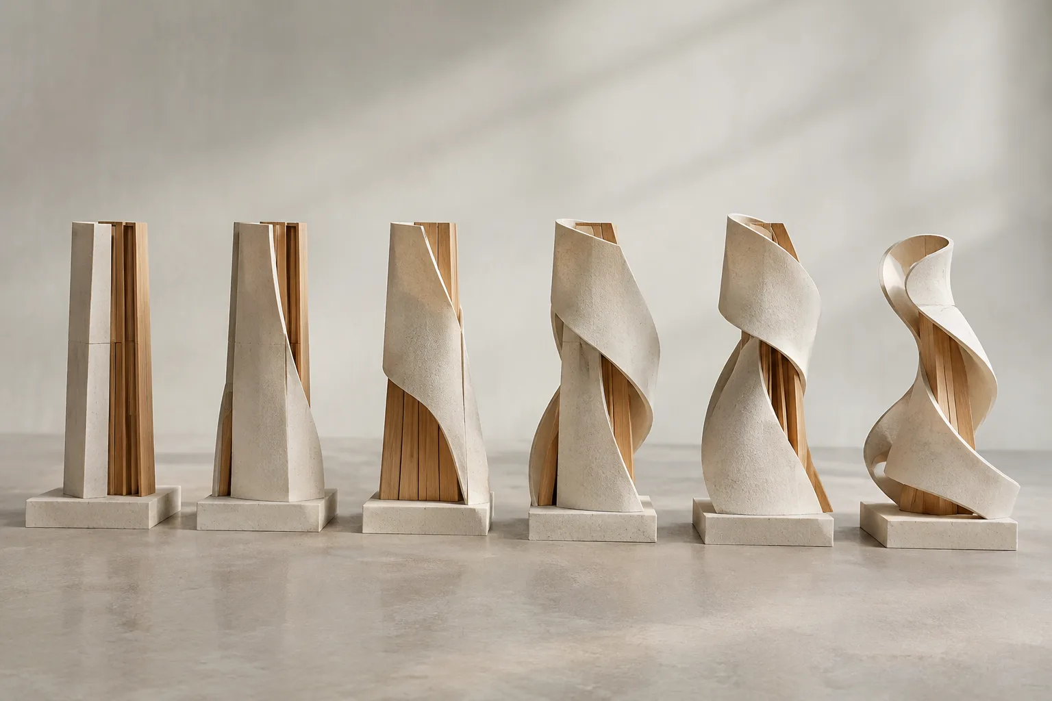 Architectural models and sculptural forms changing shape under neutral lighting