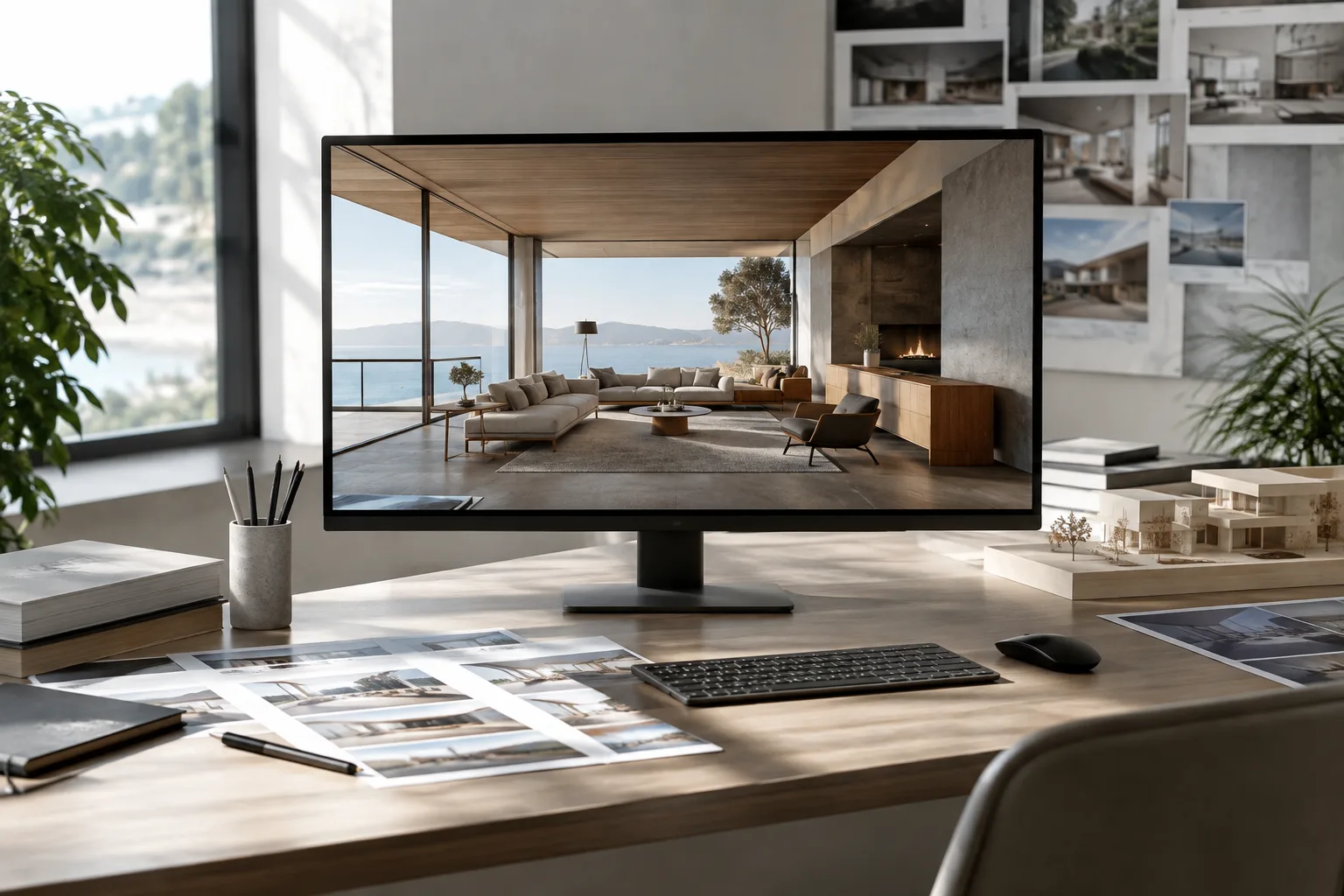 Bureau évoquant un rendu d’intérieur architectural et un flux de travail de visualisation