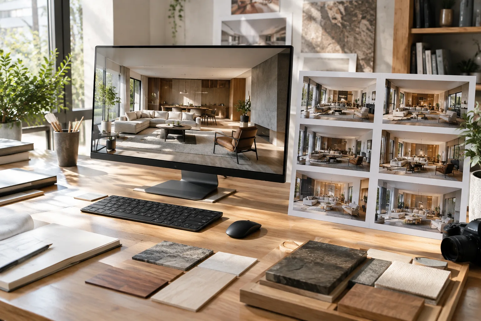Workspace illustrating an image-sequence rendering workflow with architectural interior visuals