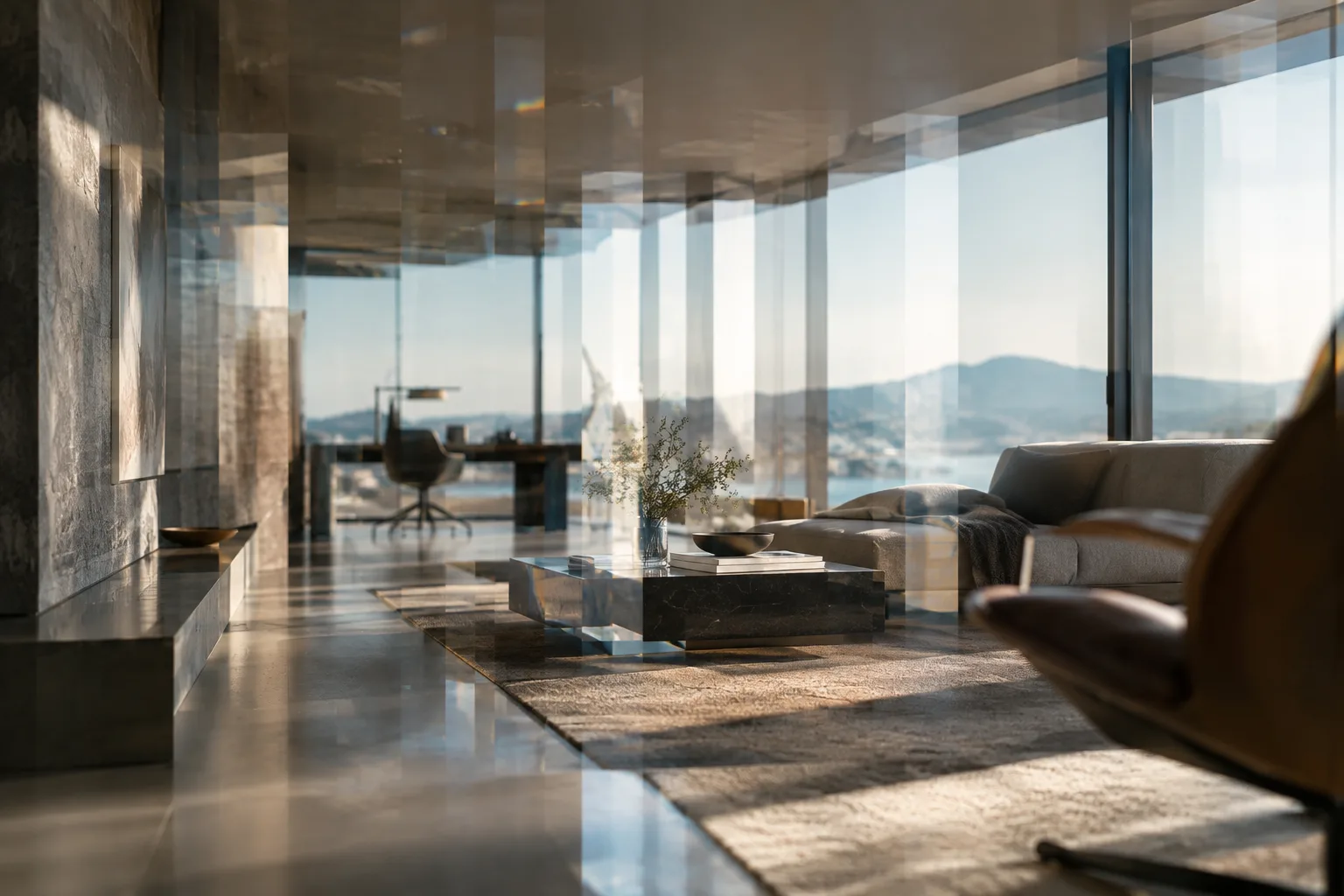Kare dizisiyle render edilen çağdaş bir iç mekân animasyon sahnesi