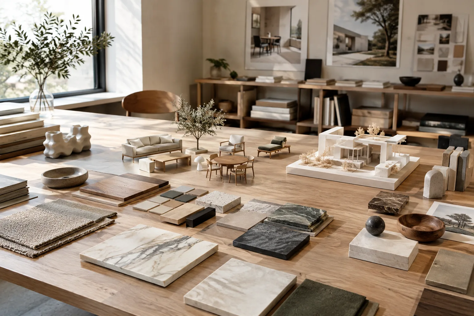 Architectural material and furniture samples arranged in neat groups