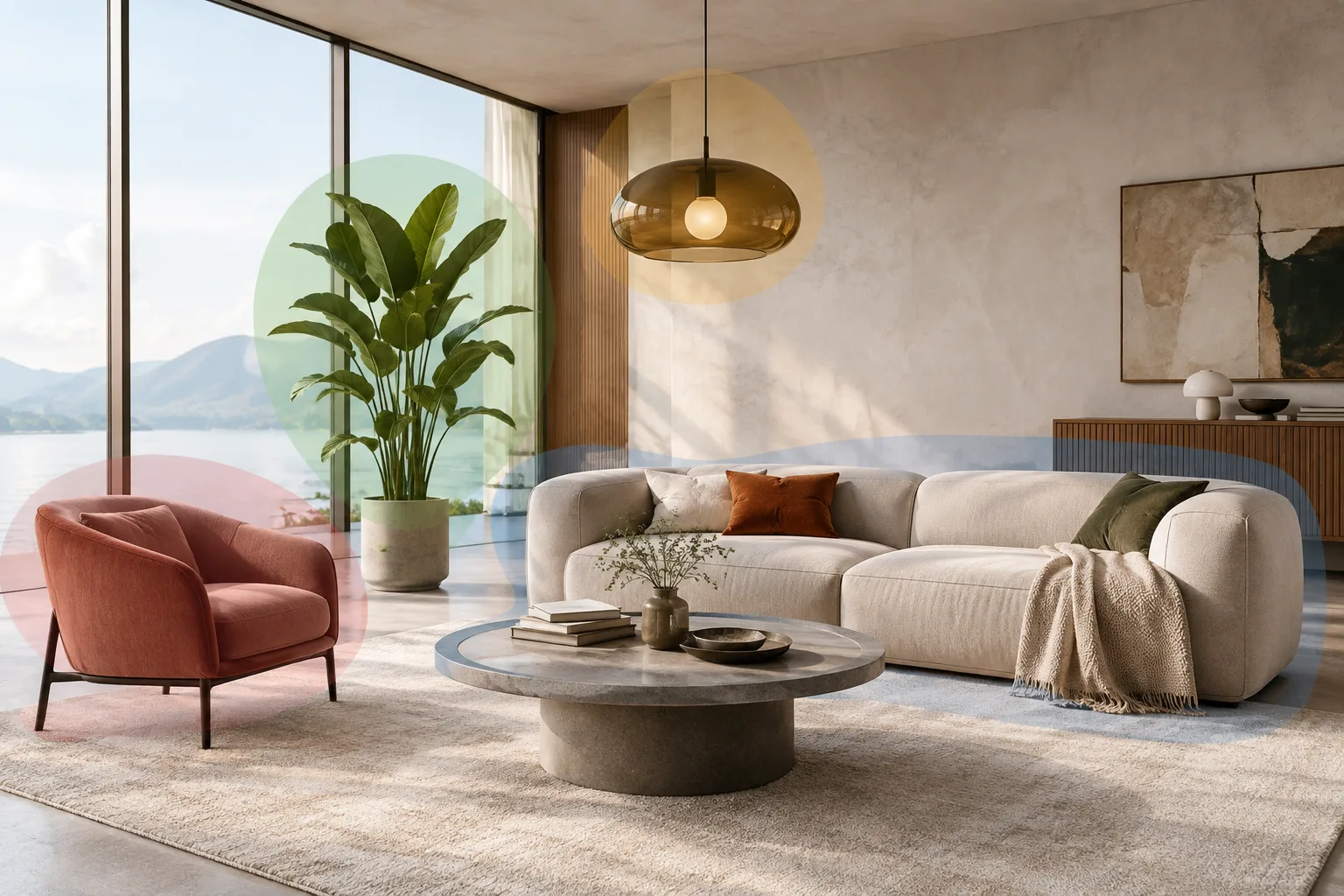 Contemporary interior render with objects that can be masked separately using Cryptomatte