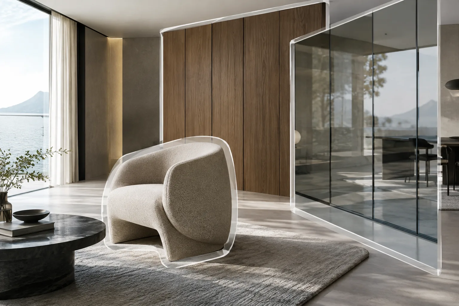 Dans un rendu d’intérieur contemporain, de fins contours de masque isolent le mobilier et les surfaces