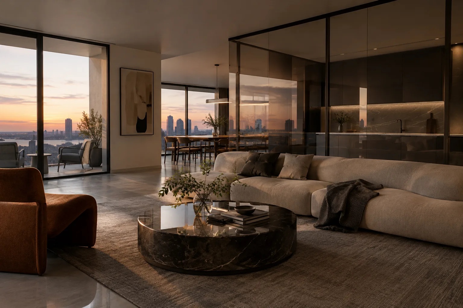 Visualización contemporánea de interiores con énfasis en la iluminación indirecta y los reflejos