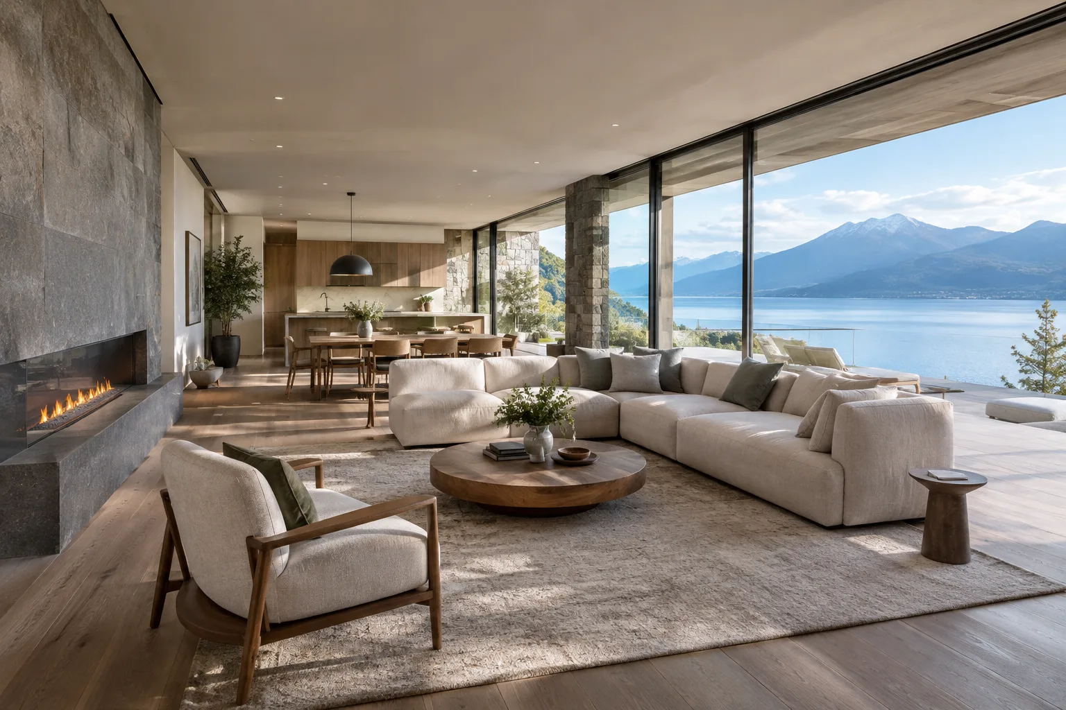 Panoramic render of a contemporary interior, viewed from the center and surrounded by the space