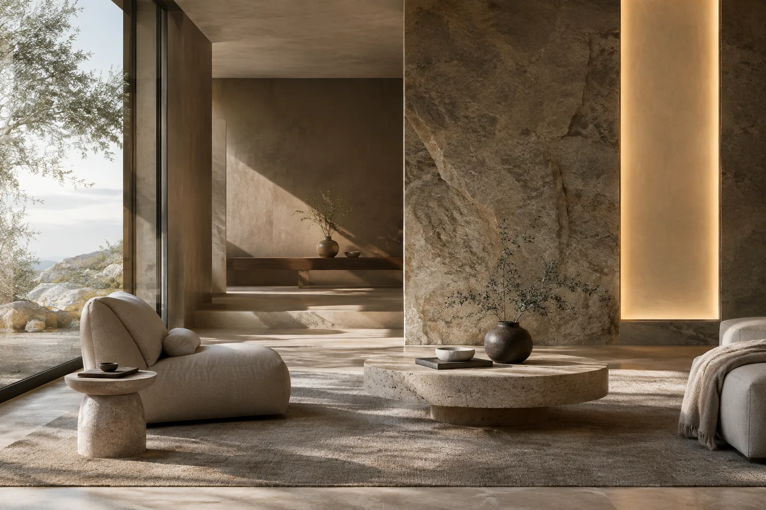 Intérieur contemporain avec textures de pierre et de plâtre, panneau lumineux et légère brume atmosphérique