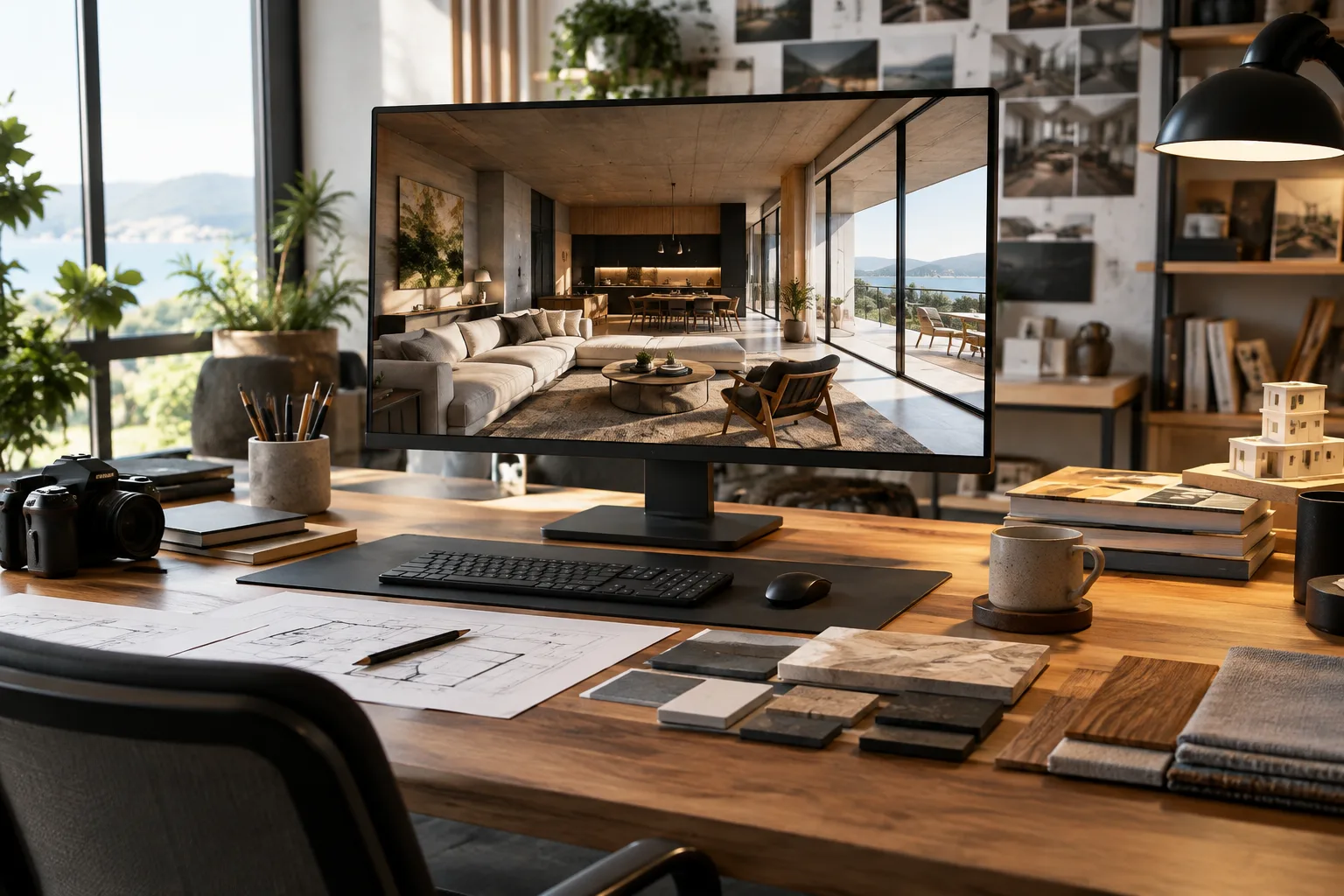 An artist working on an architectural interior scene in a minimalist render studio