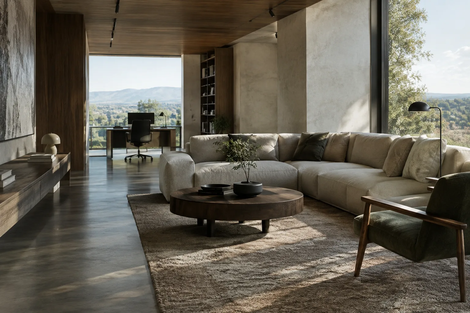 Architectural visualization of a modern interior filled with daylight