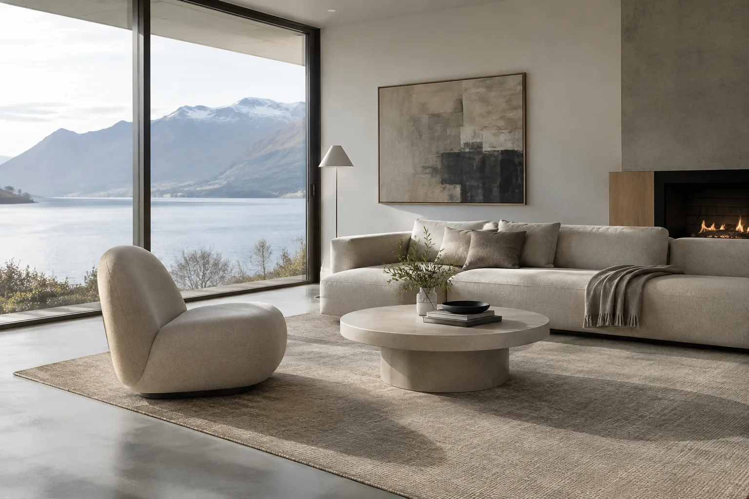 Digital furniture placed in a real interior photo with a soft shadow