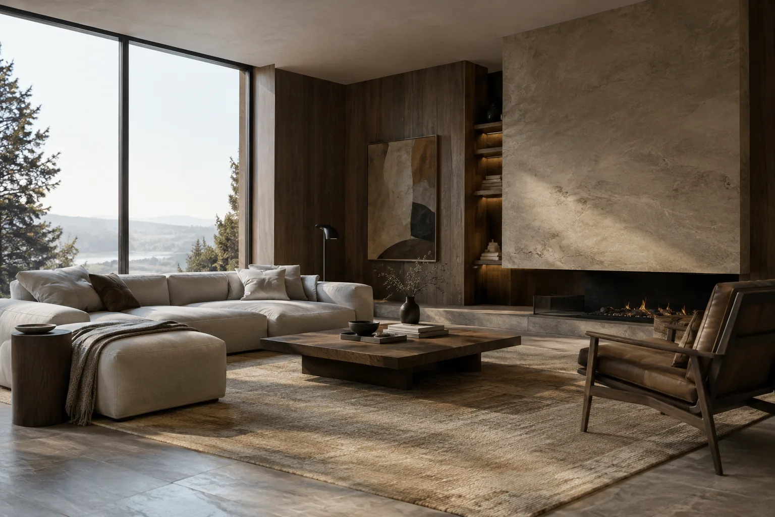 Contemporary interior render with soft lighting and clearly defined material textures