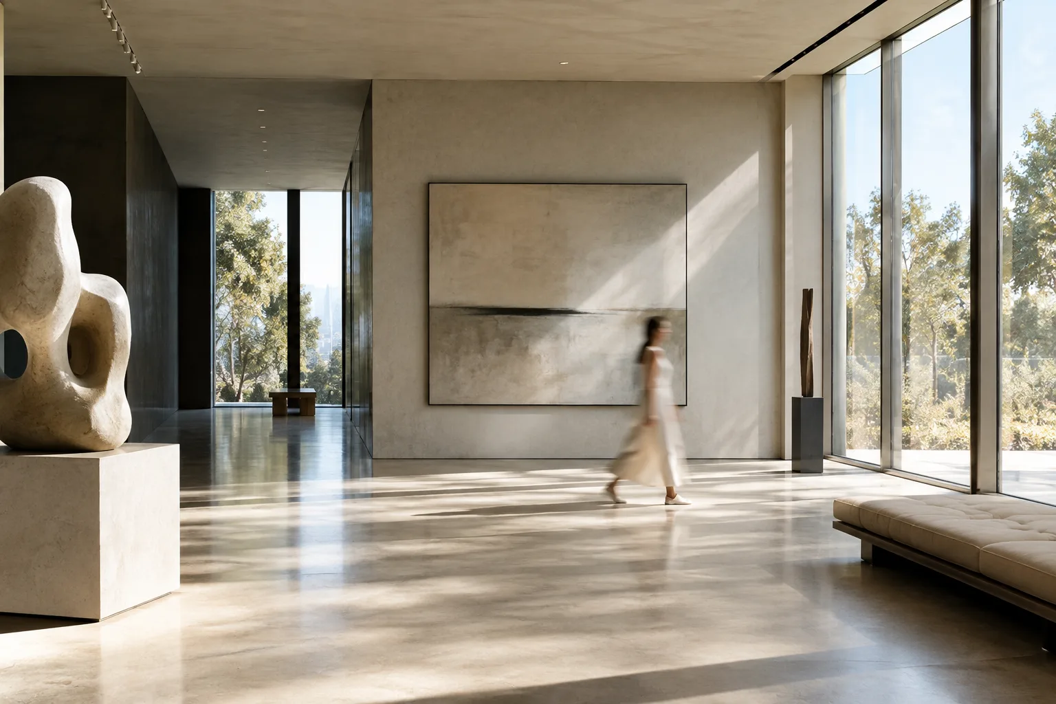 Güneş alan modern galeride hareket bulanıklığıyla gösterilen mimari iç mekân