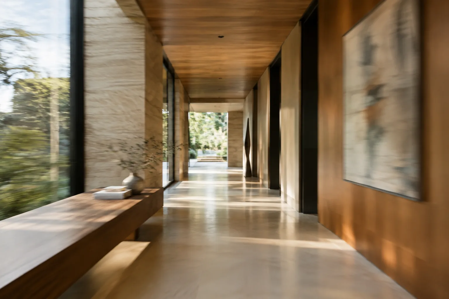 Pasillo interior contemporáneo visualizado con un efecto de desenfoque de movimiento
