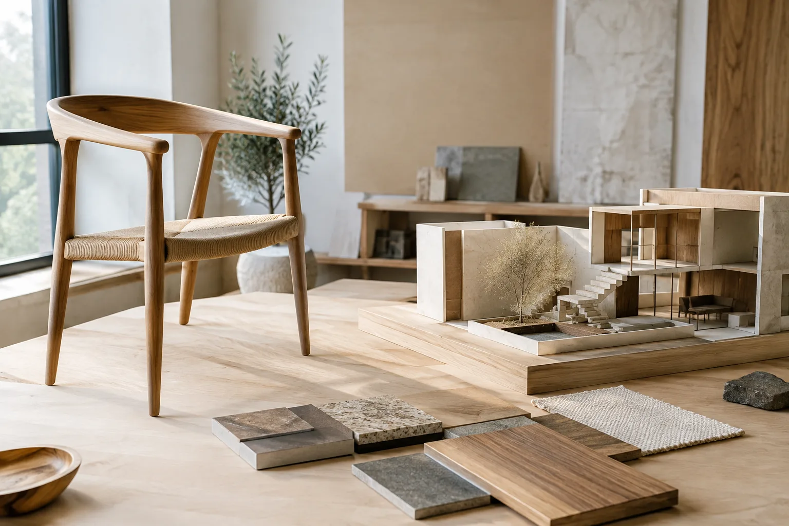 Espace de travail de texture baking avec un modèle architectural et des exemples de surfaces en bois