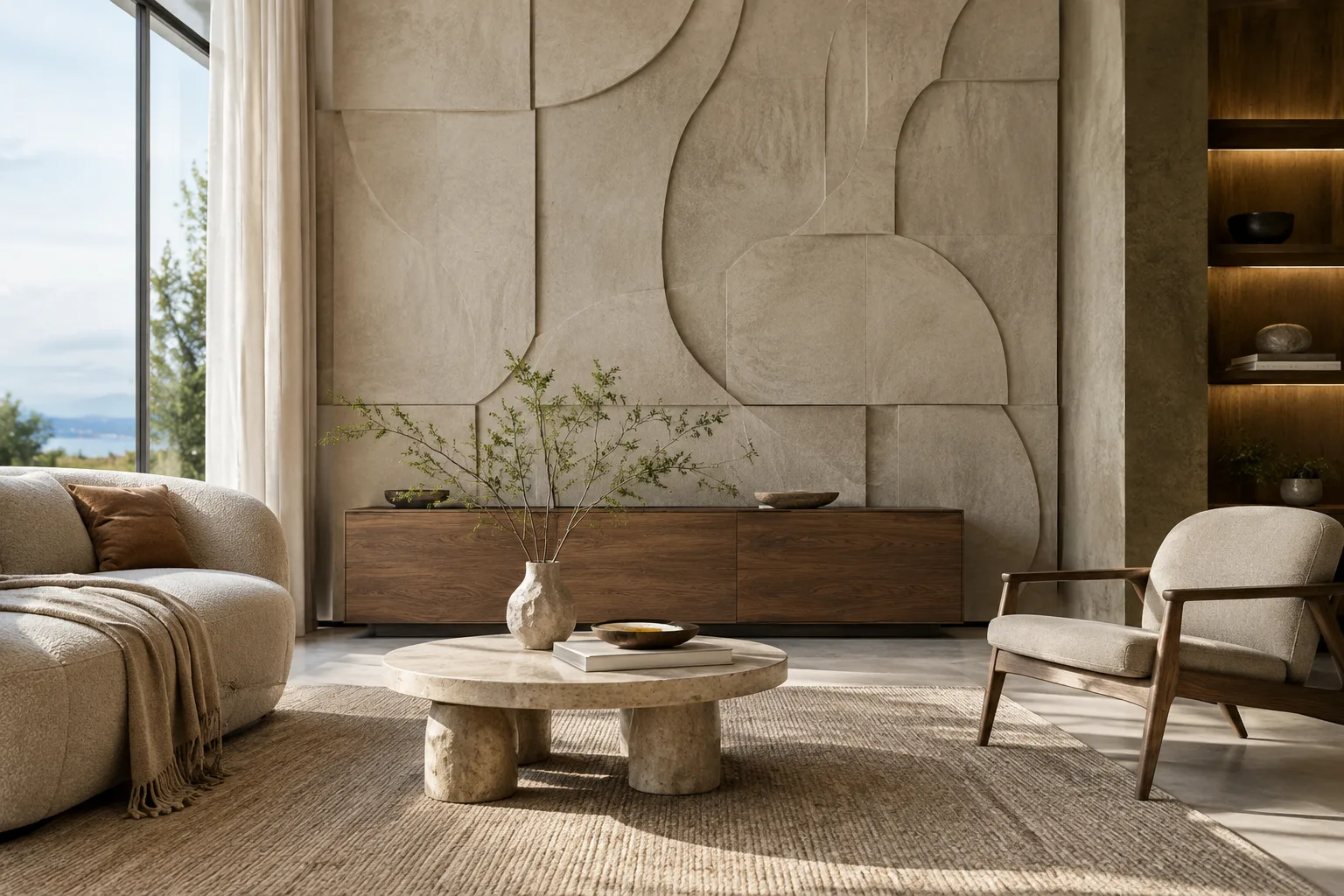 Visualisation réaliste de surfaces texturées dans un intérieur moderne baigné de lumière naturelle