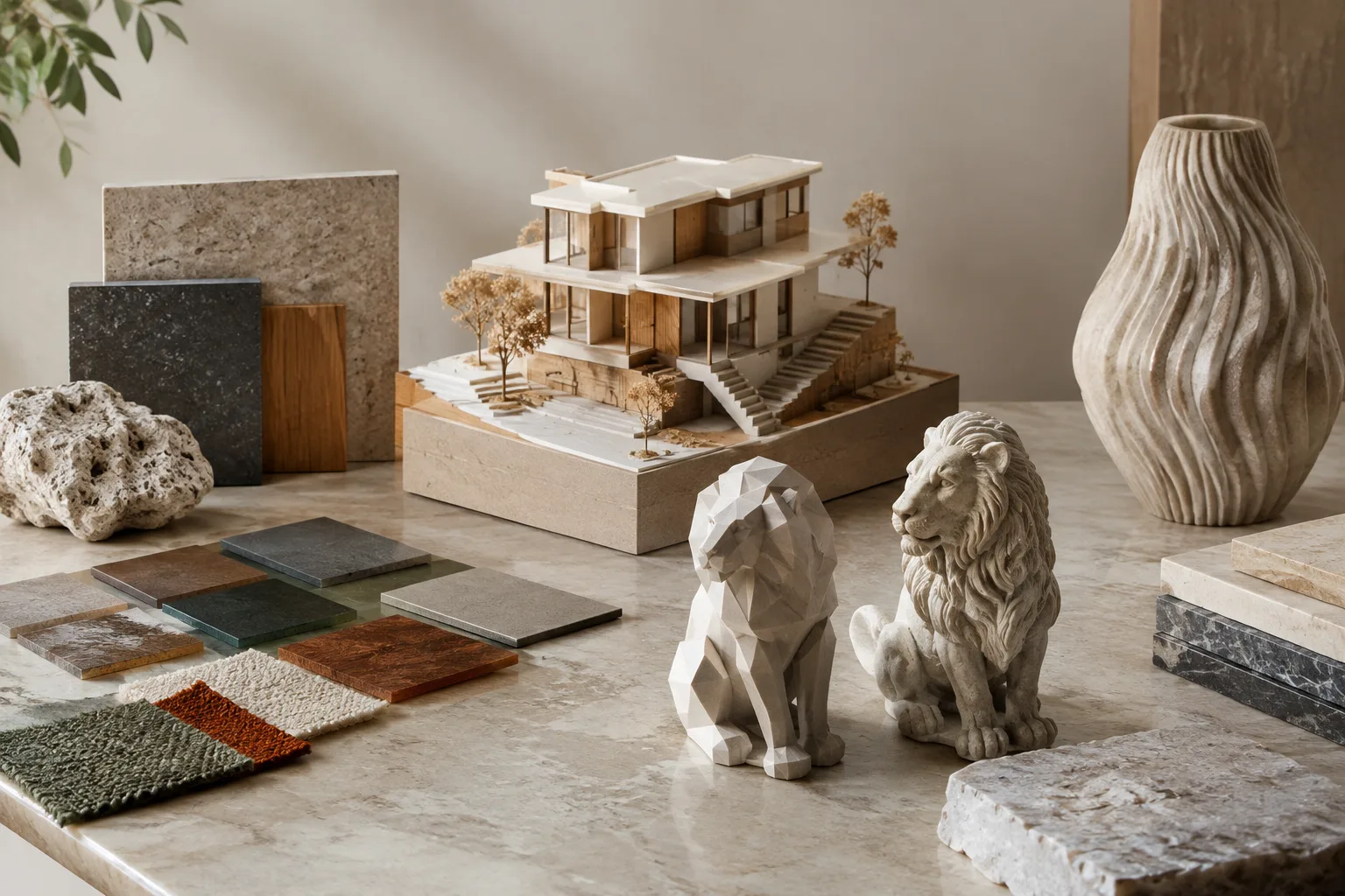 Texture baking workspace with an architectural model, texture samples, and detailed surfaces