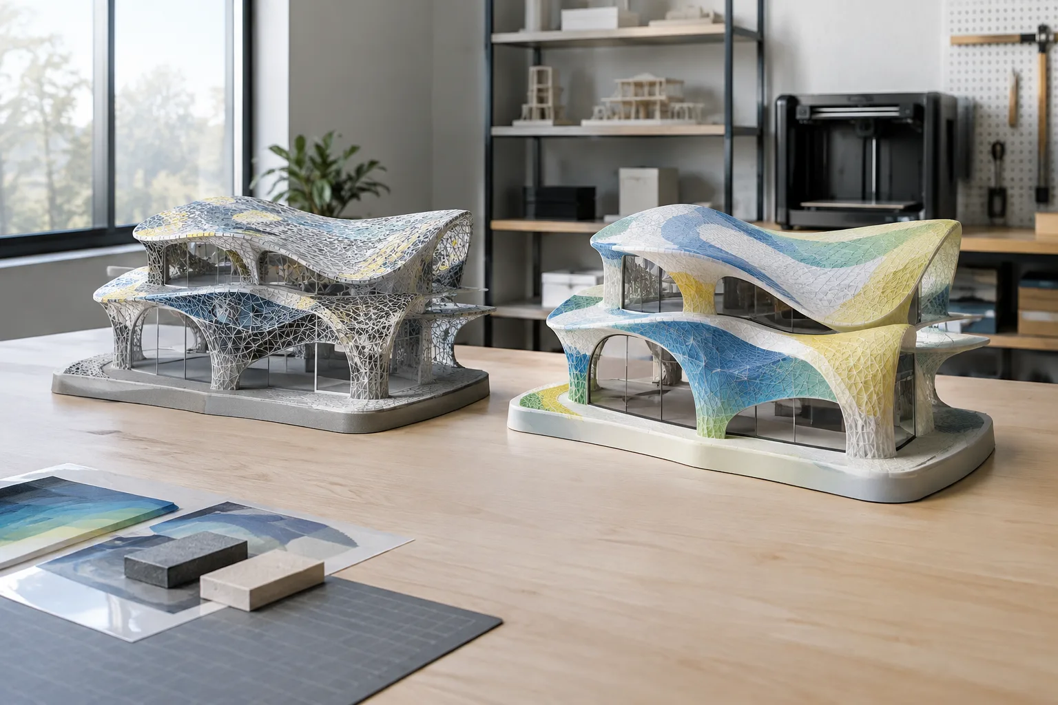 Two architectural mesh models, with transferred surface data highlighted in color on one of them