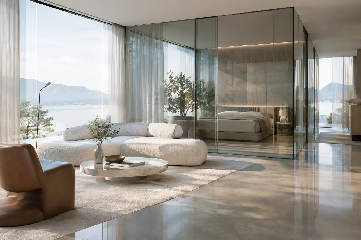 Éclairage indirect et reflets dans un intérieur contemporain avec des cloisons vitrées