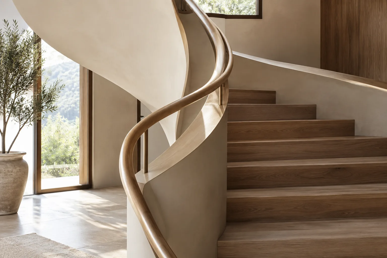 Curved pipe railing and strip-shaped architectural profile in a modern interior