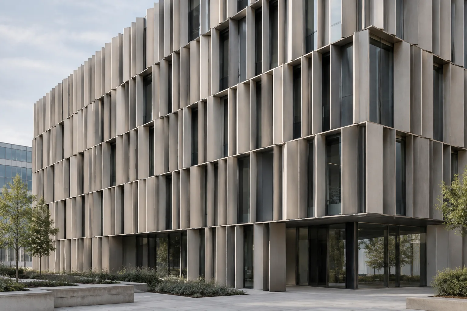 Visualización de una fachada contemporánea diseñada con paneles modulares repetidos