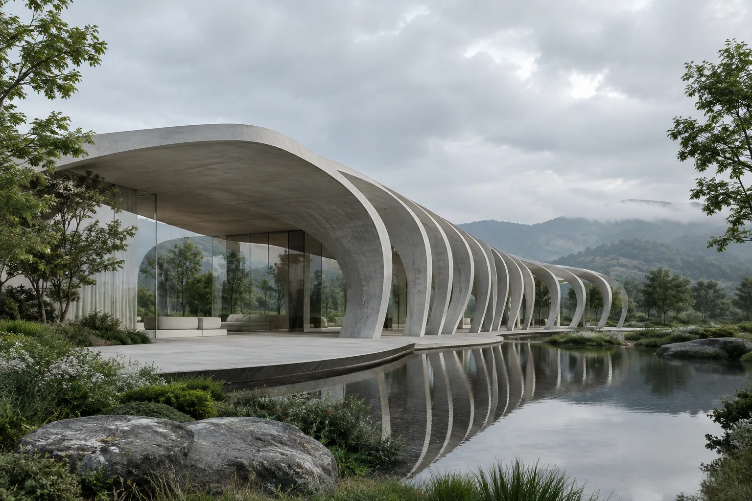 A modern pavilion visualization designed with repeating forms that change over time