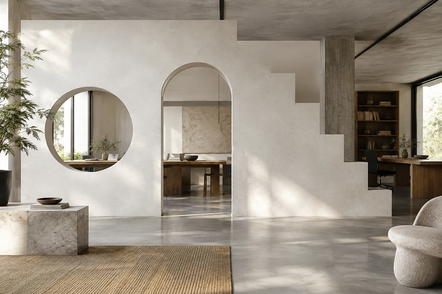 Visualisation d’un intérieur contemporain montrant des découpes Boolean et des surfaces extrudées
