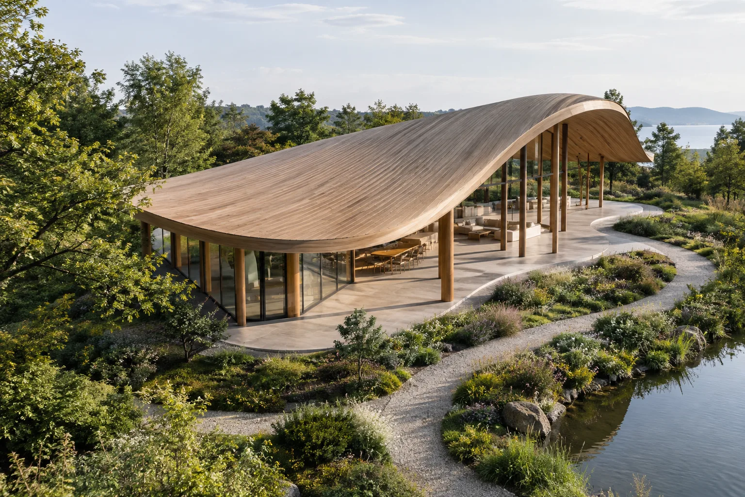 Pavillon mit geschwungenem Holzdach und geschwungener Landschaftsweg in der Umgebung