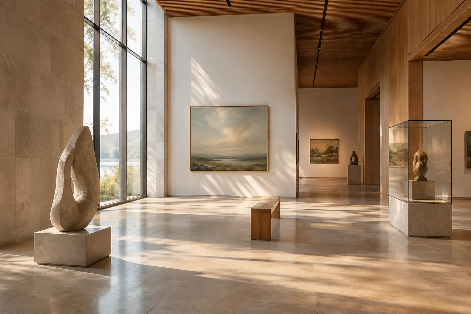 Gün ışığı alan çağdaş galeride kontrollü parıltı efektini gösteren mimari görselleştirme