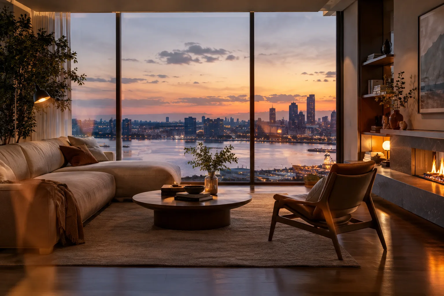 A contemporary interior at dusk, with a window and light fixtures producing soft glows